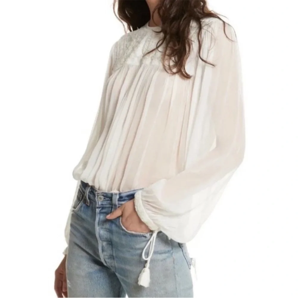 FREE PEOPLE RETRO FEMME  BLOUSE EMBELLISHED SHEER TASSELS